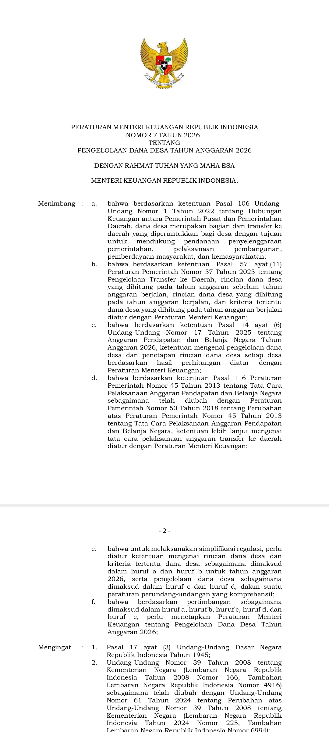 Berita PMK (Peraturan Menteri Keuangan) No 7 Thn 2026 ttg Pengelolaan Dana Desa Tahun 2026 - Desa Parapatan Sumberjaya
